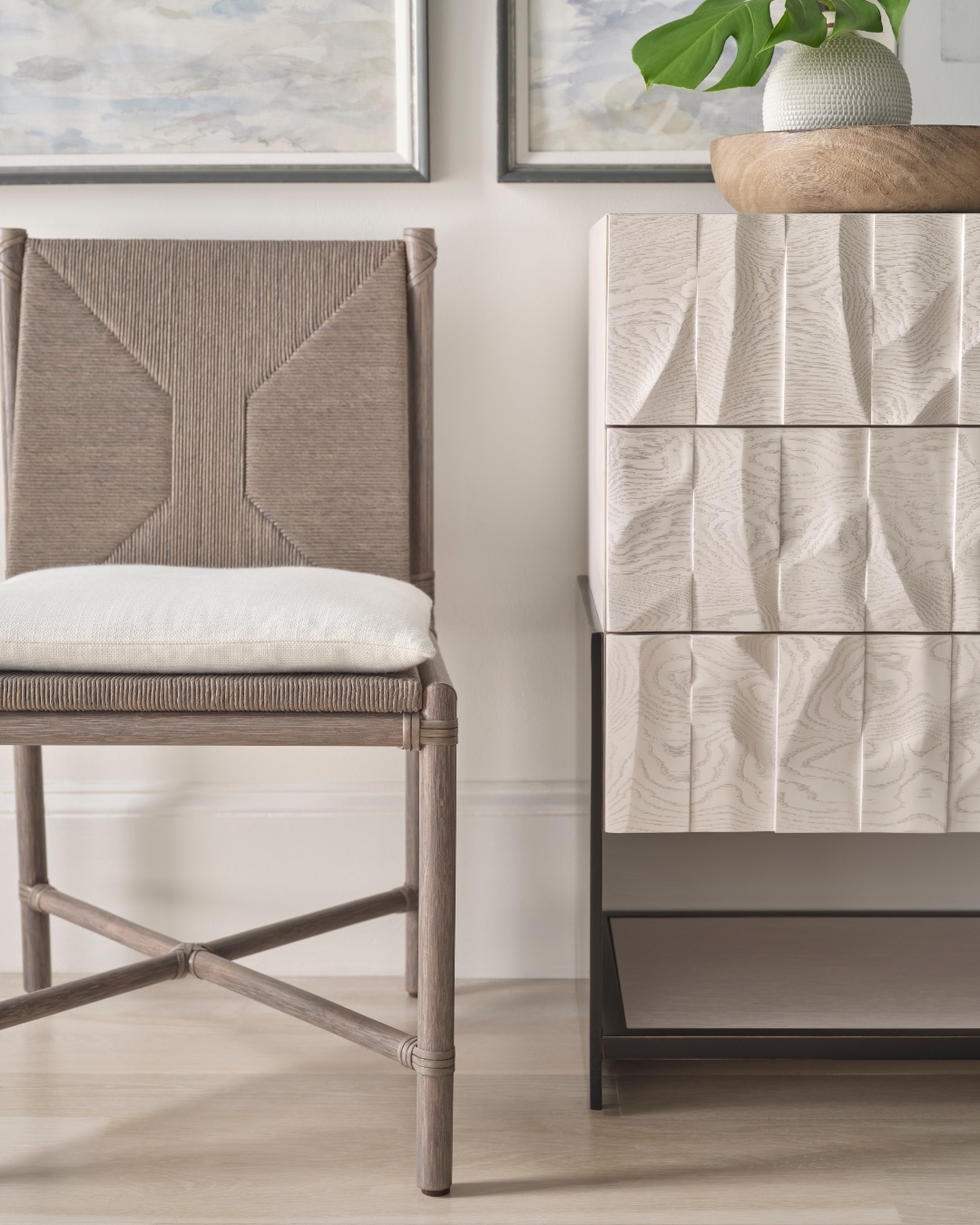 The Carmen Chair features an angular frame and beautifully woven Danish cord, finished in Madeira. This chair is McGuire at its best: where modern design pairs with natural materials and a close attention to detail. Also featuring the Waliea Chest from the Baker Resort Collection(R). Visit the link in our bio for more information. #ThisIsMcGuire #McGuireOriginals #BakerResortCollection