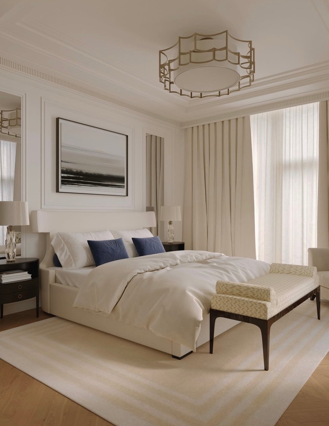 Beautiful bedroom by @buro2.5 featuring the Luxe Fully Upholstered Bed (Bespoke Upholstered Bed Collection) and the Diamond Table Lamp (Thomas Pheasant). The Luxe Fully Upholstered Bed is striking and symmetrical, embracing you in its curvilinear shape. Visit the link in our bio for more information. #ThingsChosenWell