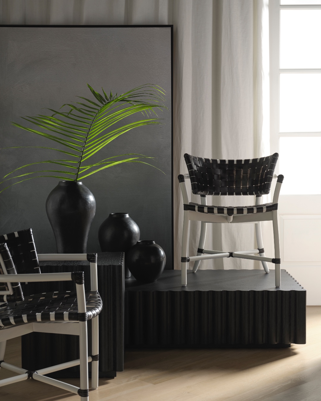 The Crin Dining Arm Chair embodies the beauty of the debut collection with its soft, matte finishes, thoughtful curves, subtle design details, woven rawhide, and graceful rattan poles. Custom rawhide program available. Visit the link in our bio for more information. #ThisIsMcGuire #CustomRawhide